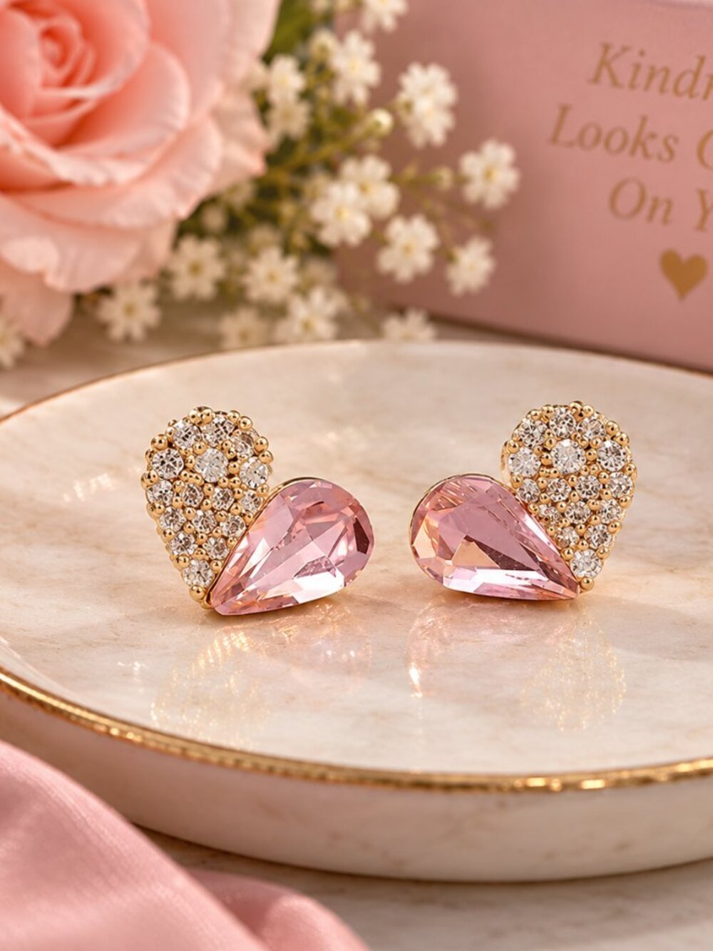 Pink/Peach Teardrop Crystal Heart Stud Earrings - Gold Tone